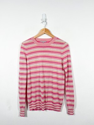 Oliver Bonas Jumper Size UK 10 Pink Stripe Glitter Crew Neck Knit Lightweight