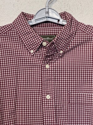Men's L Button-Down Left Chest Pocket Eddie Bauer Maroon Chekered Shirt