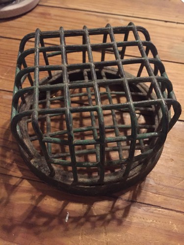 VINTAGE CAST IRON CAGE GREEN PLANT FLOWER FROG 5 1/8”