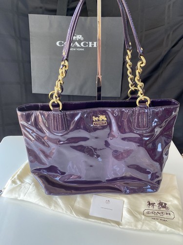 Coach Madison Aubergine Purple Patent Leather Tote Purse Coach Madison Aubergine Purple Patent Leather Tote Purse