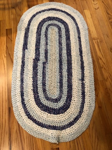 Vtg Hand Made Old Fashion Crocheted  Braided Rag Rug Oval Blues 31