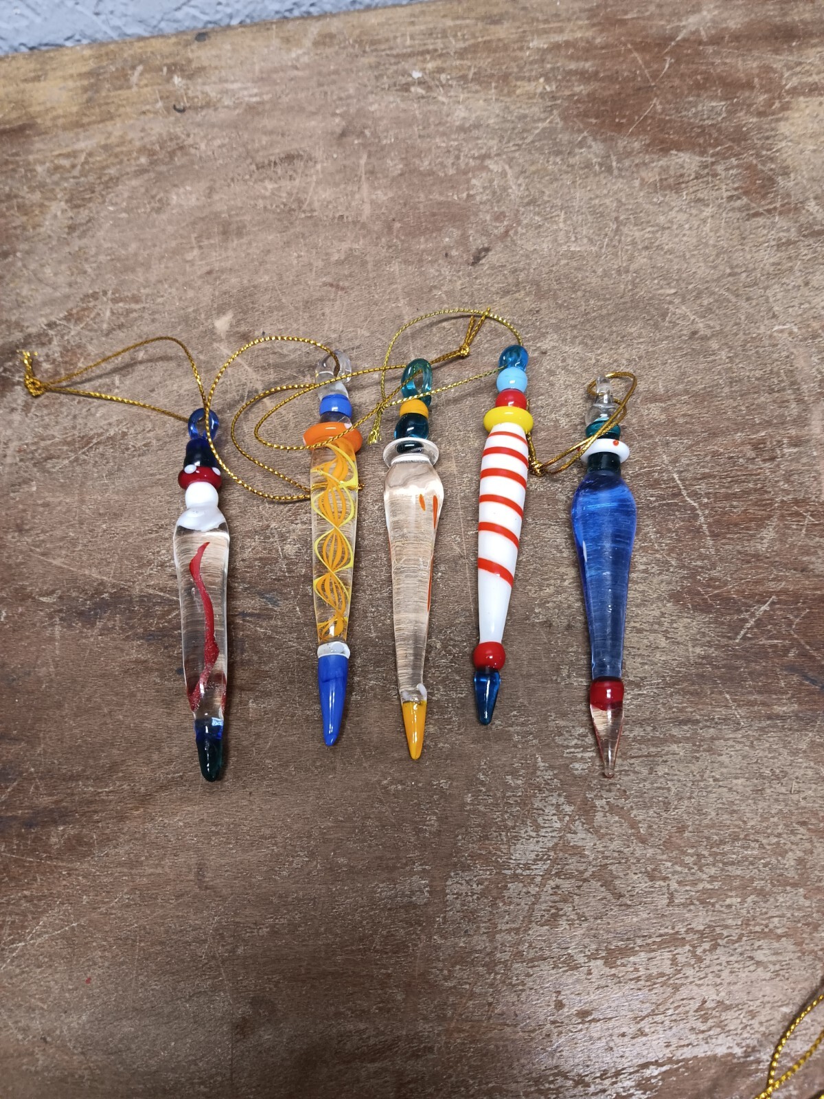 Lot Of 5 Multicolor Hand Blown Glass 4” Tall Icicle Ornaments