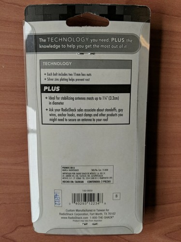TV Antenna U-Bolts with 4 Hex Nuts, pack of 2, Radio Shack #15-830, new in pkg