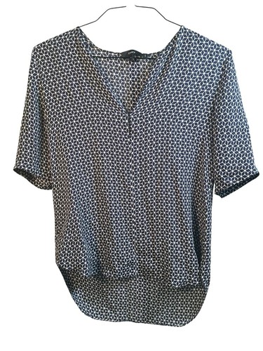 Theory Tile antazie 100% silk geo blouse top size P / XS blue white