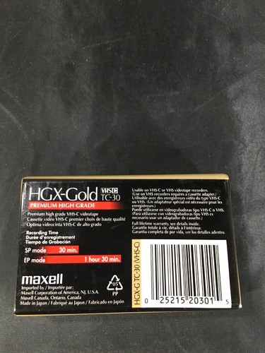 Maxell VHS-C Premium High Grade HGX-Gold TC-30 62 Minute Camcorder Videocassette