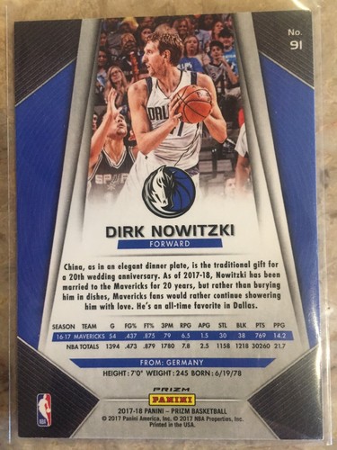 Dirk Nowitzki 2017-18 Panini Prizm #91 Hyper Parallel Mavs