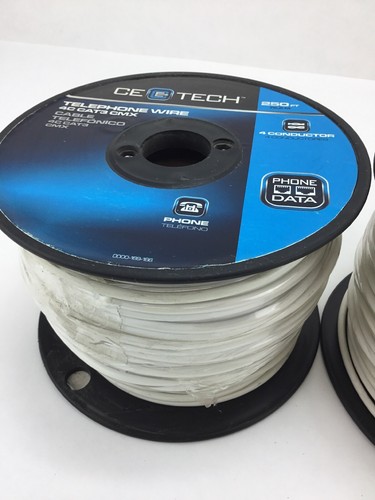 CE TECH 250 Feet Cat3 CMX Telephone Line Cable Cord Extension White Wire Phone