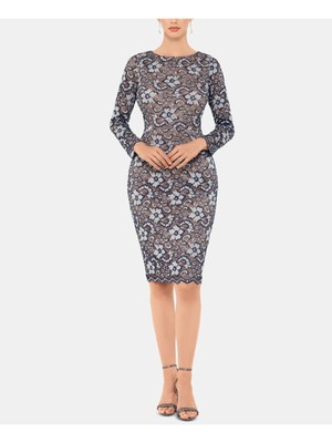 XSCAPE Womens Navy Long Sleeve Below The Knee Cocktail Sheath Dress Petites 12P