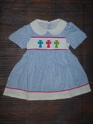 NEW Boutique Embroidered Easter Cross Girls Short Sleeve Blue Gingham Dress