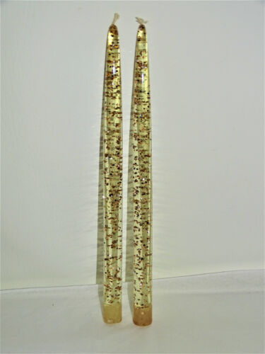 Pair of 2 Vintage Clear Lucite Taper Candles with Gold Confetti 11.5" long