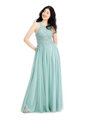 SPEECHLESS Womens Turquoise Lace Gown Sleeveless Halter Full-Length Prom Dress 0