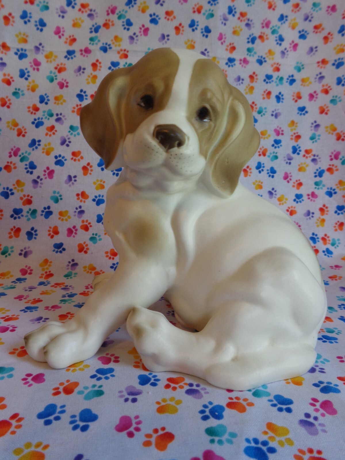 VTG Dog Figurine Brown & White Mopey Sad Faced Cute Puppy