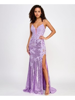 SAY YES TO THE Womens Purple Lace-up Open Back High Slit Dress Juniors 17/18
