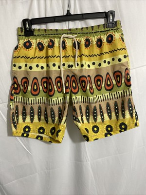 Vintage Goroglio By Entre Amis Swim Shorts Yellow Green Tribal Shapes XL 31 +