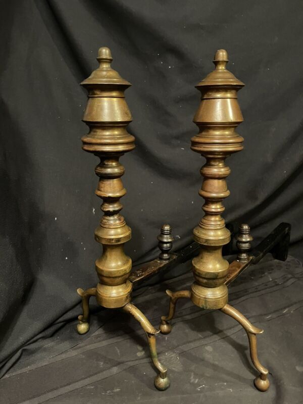 Pair Federal Period Antique 19th Century Brass Bell Top Fireplace Andirons