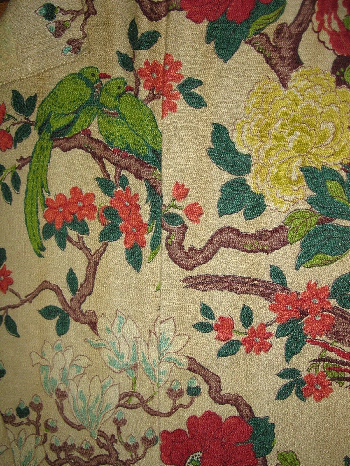 Vintage Parrots,Tree,tropical Barkcloth  Draperies 72x43 nice condition