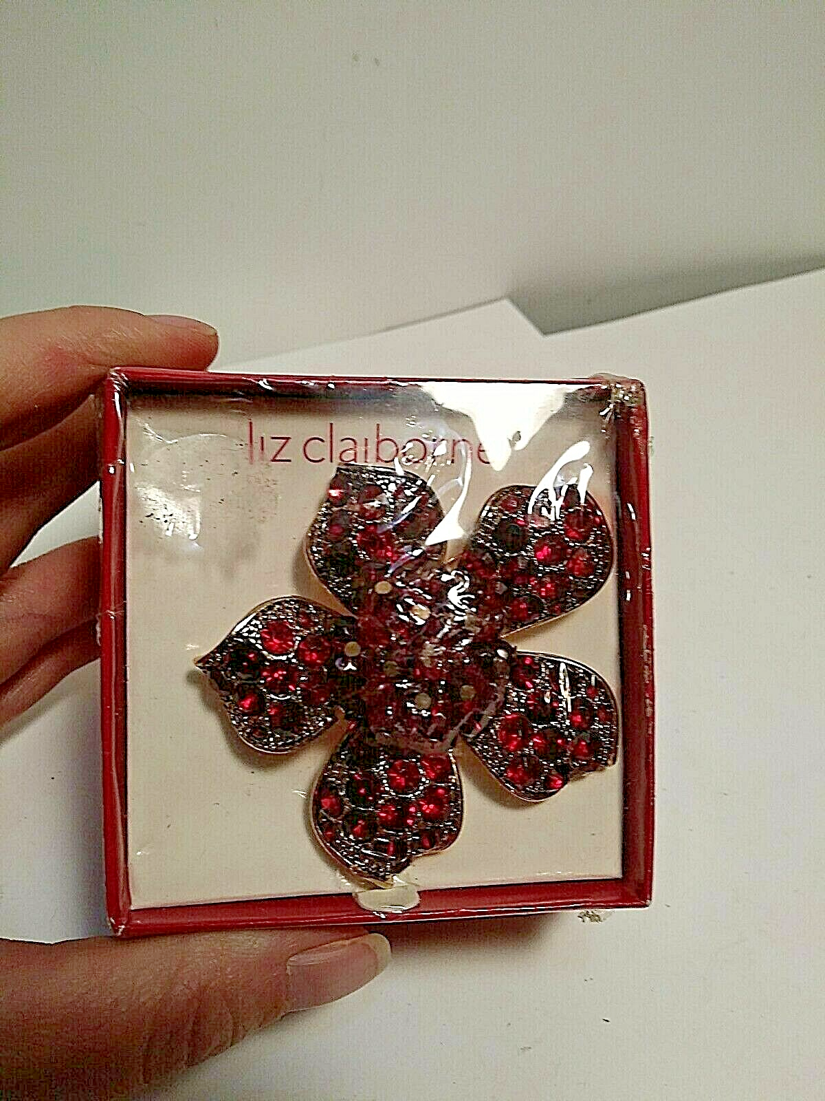 Liz Claiborne Red Stones And Gold/Silver Tone Flower Broach