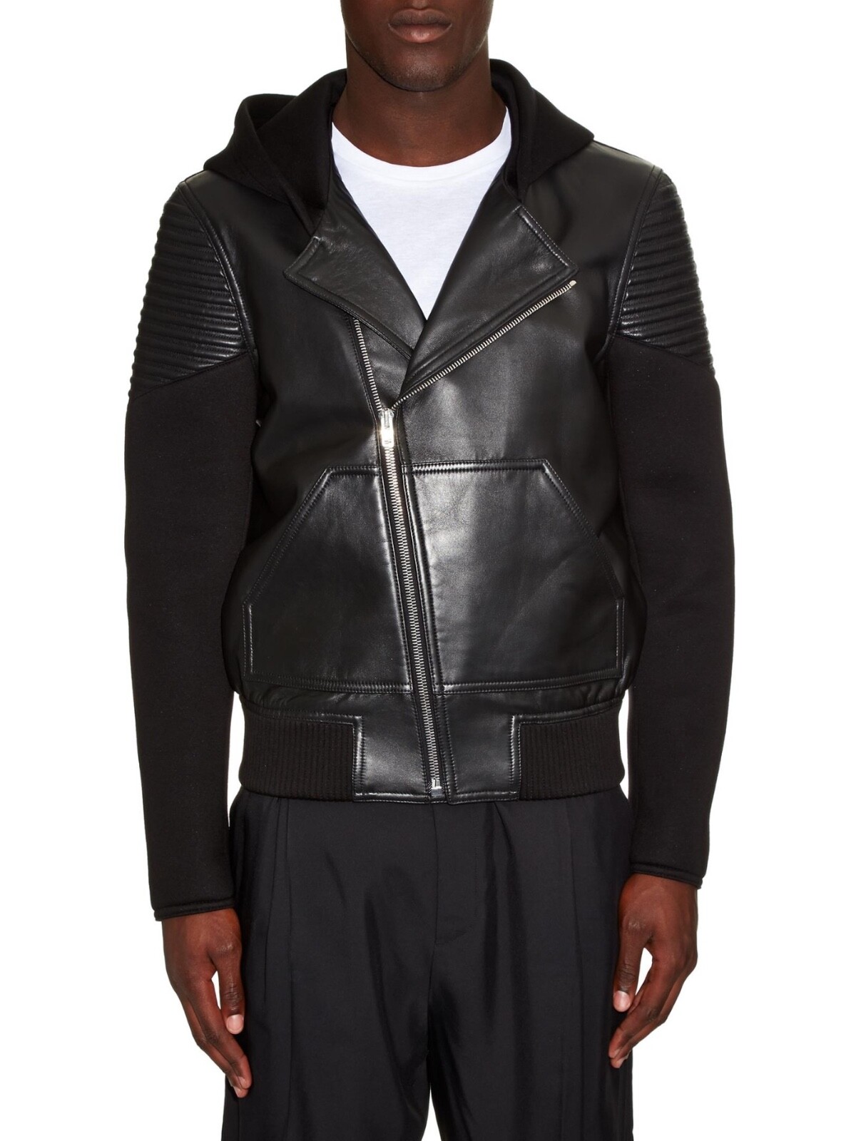 $3k+ Givenchy Black Leather Neoprene Hooded Biker Jacket $3k+ Givenchy Black Leather Neoprene Hooded Biker Jacket