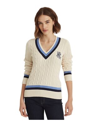 

LAUREN RALPH LAUREN Женский свитер цвета слоновой кости с длинным рукавом и V-образным вырезом для работы, Цвет слоновой кости