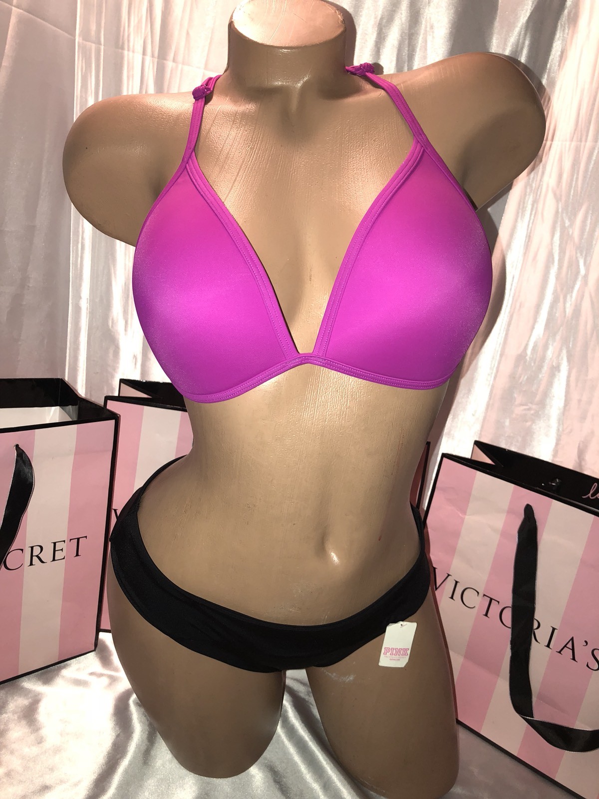Victorias Secret PINK Swimsuit Push Up Fusia Top Black