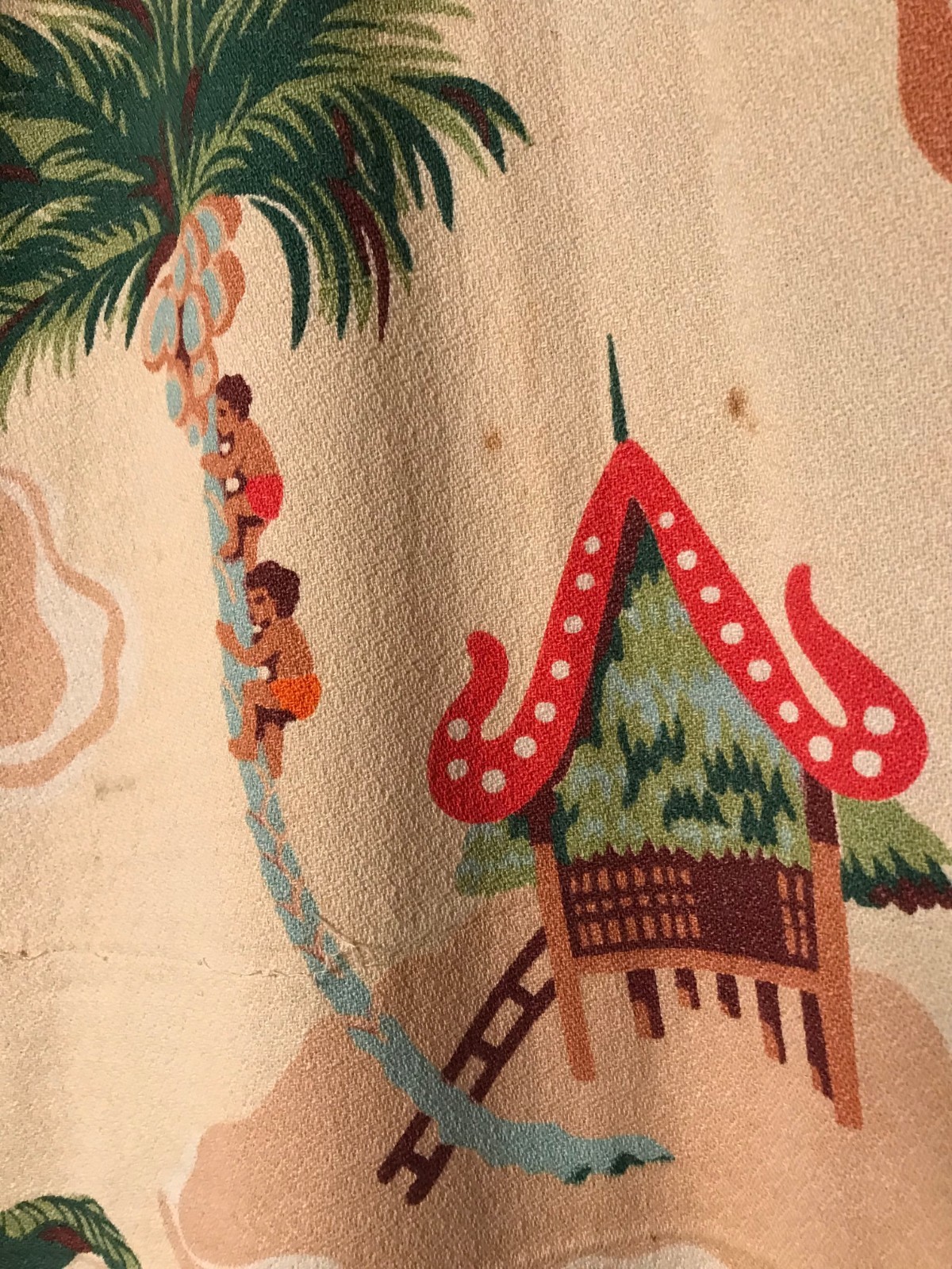 Vtg Barkcloth Fabric 50s Hawaiian Life, Fruit Hats climbing Palm Tree's 78 x 22