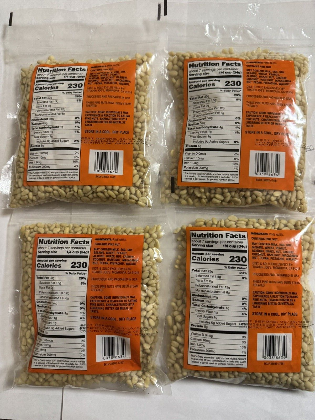 4 Packs New Trader Joe's Unroasted & Unsalted Pignolias Pine Nuts 8oz Each X 4