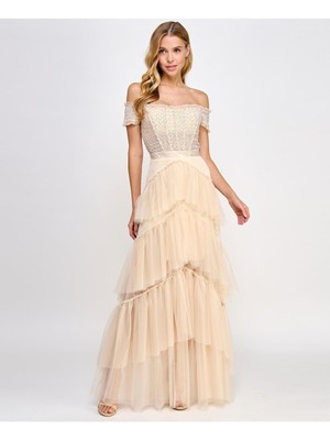 CITY STUDIO Womens Beige Boned Bodice Skirt Short Sleeve Gown Dress Juniors 3\4