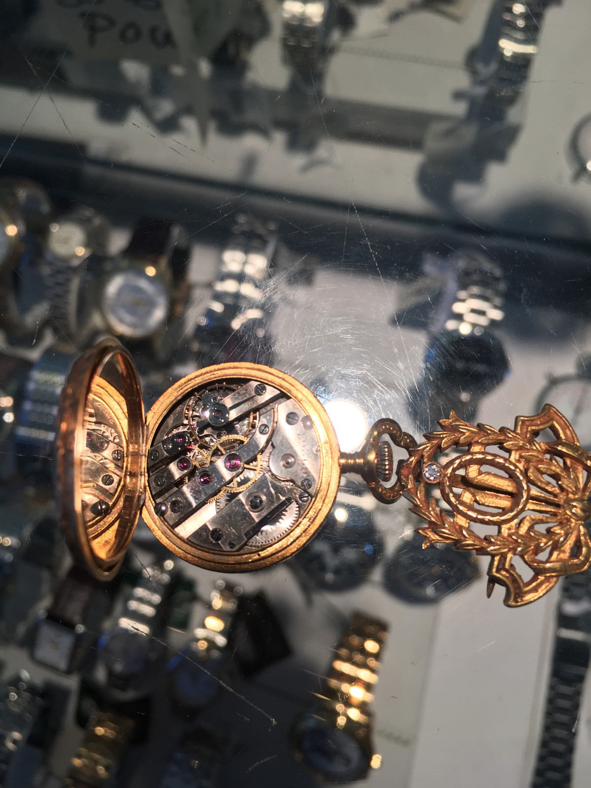 14K ANTIQUE VINTAGE SWISS POCKET WATCH ON PIN, OLD MINE DIAMONDS, 28 GRAMS