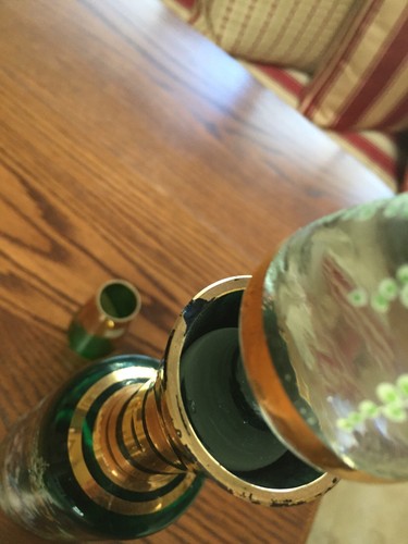 Vintage Hand Painted Gold Leaf Decanter And Glasses