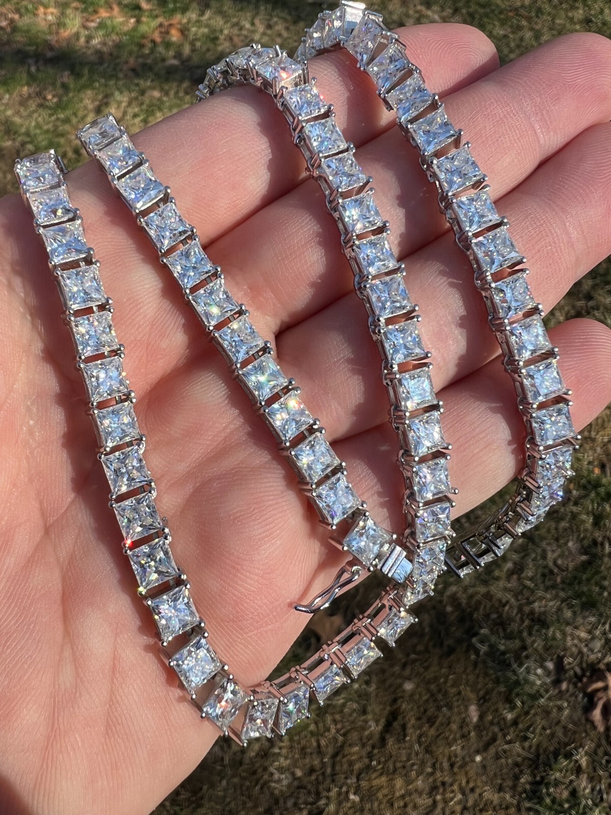 Pre-owned Harlembling Real 5mm Moissanite Princess Cut Square Tennis Chain Necklace Pass Diamond Test In Silver