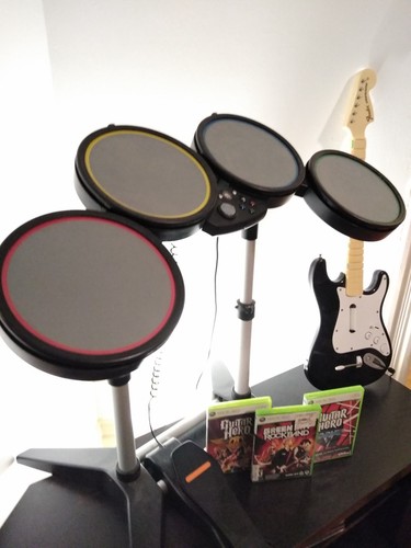Rock Band Xbox 360 Bundle Drumbs Gutiar & 3 Rock Band Games Green Day Aero Smith