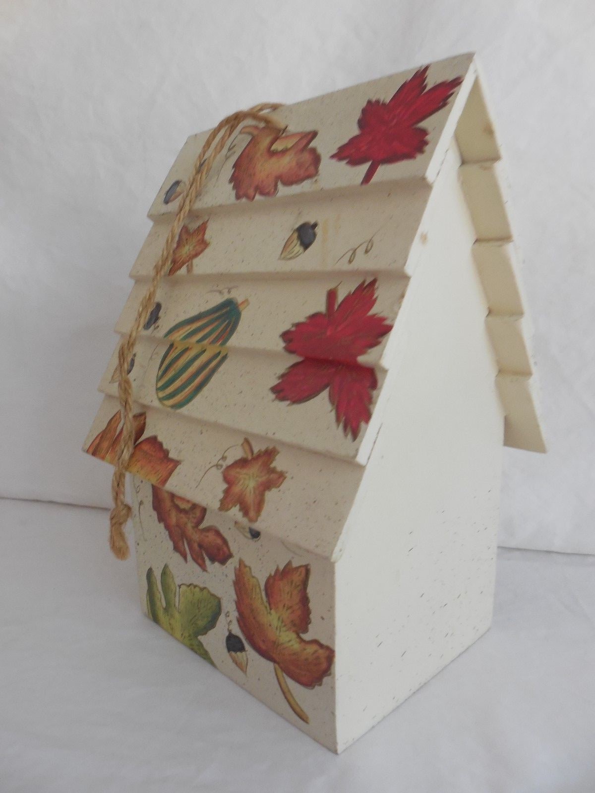 Autumn Painted  'Wooden Birdhouse'  with Shingled Roof and Attached Hanging Rope