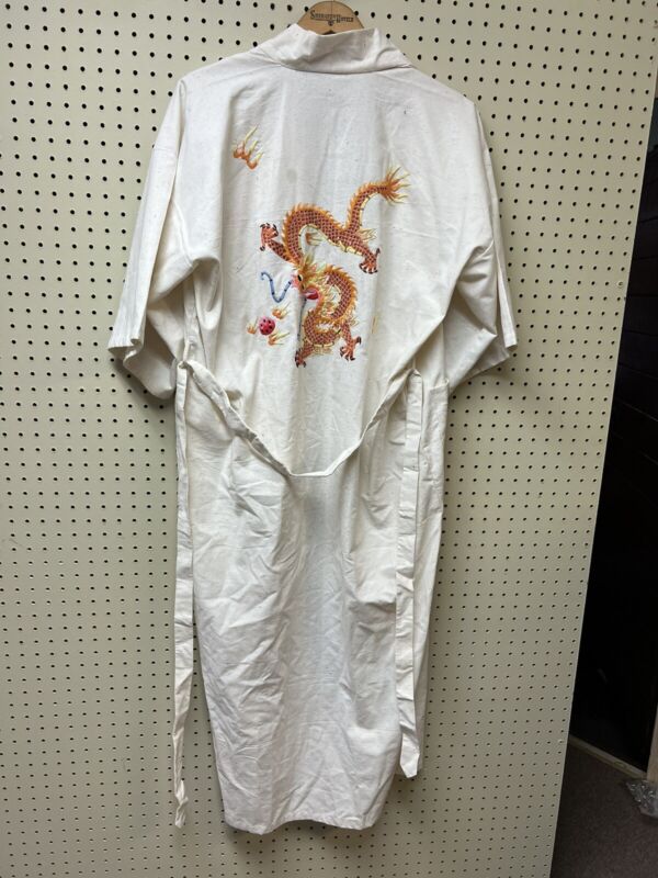 Vintage Dragon Gold Embroidered Pongee Silk Linen CHINESE Kimono Robe from CHINA