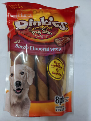 2 PACK Hartz Oinkies Smoked Pig Skin Bacon Flavored Wrap Dog Treat Chews 8 ct ea