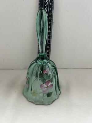 Fenton Green Teal Glass Bell Hand Painted signed  DAnder7'', Purple white Flowers