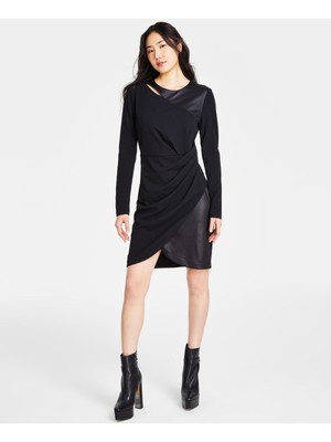 Женское коктейльное платье-футляр DKNY из черного глазурованного джерси с длинным рукавом и коротким рукавом-футляром 8