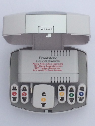 Brookstone Dual Wattage Converter Kit Travel Voltage Adapter Plugs 1800 Watt