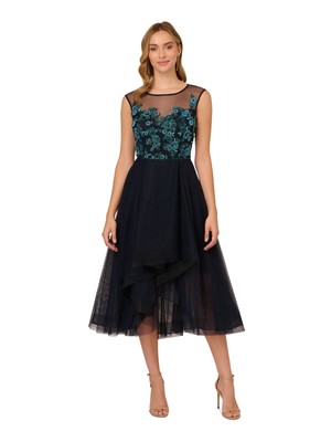 ADRIANNA PAPELL Womens Navy Lined Tule Cap Sleeve Formal Fit + Flare Dress 4