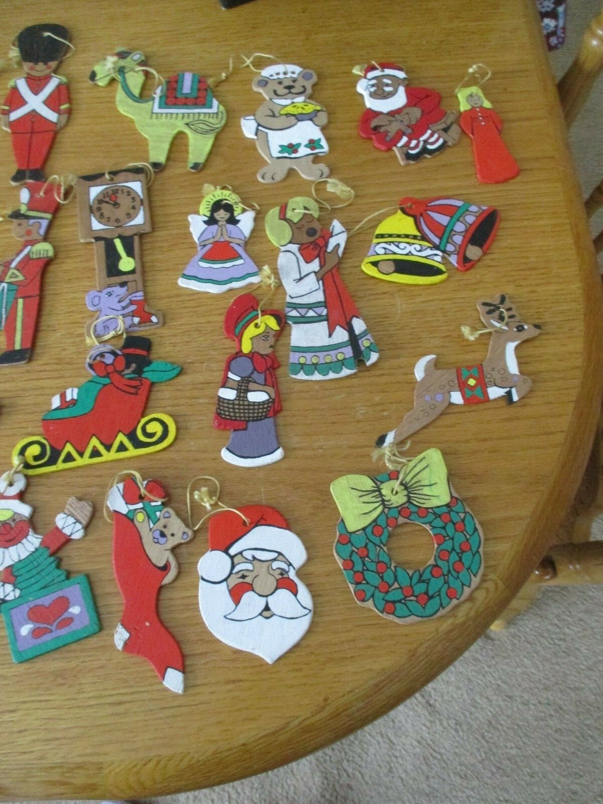 50+ VINTAGE MAHOGANY WOOD CHRISTMAS ORNAMENTS HAND PAINTED NICE