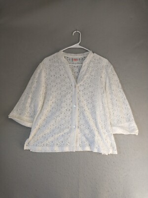 Ruby Red Womens Top 14 White Lace Floral 3/4 Sleeve V Neck Solid Button Up