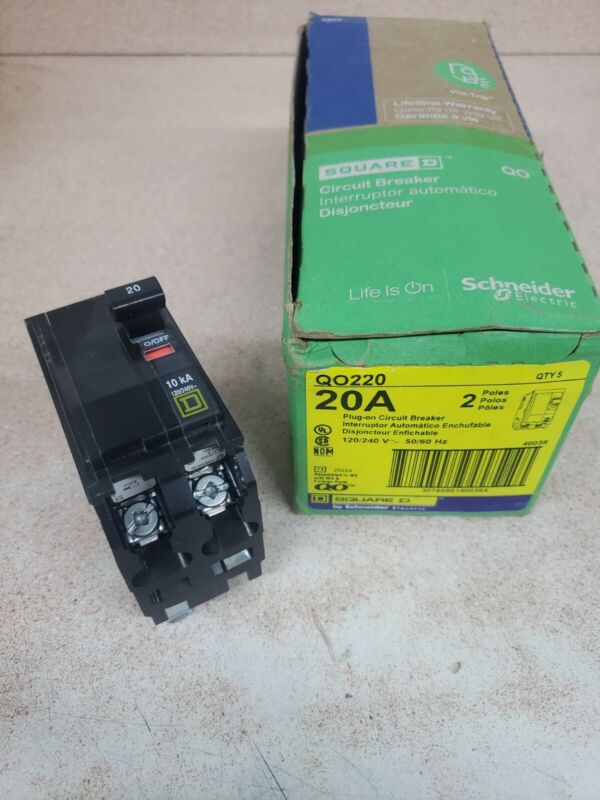1) New! Square D QO220 2 Pole 20 Amp 120/240V Plug In Circuit Breaker