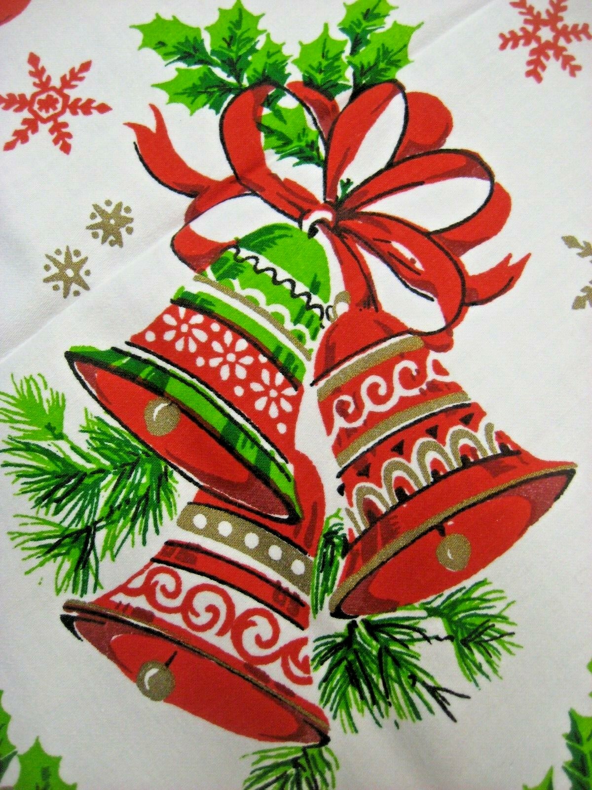Vintage Printed Christmas tablecloth Oblong Santa BELL candy cane Tablecloth