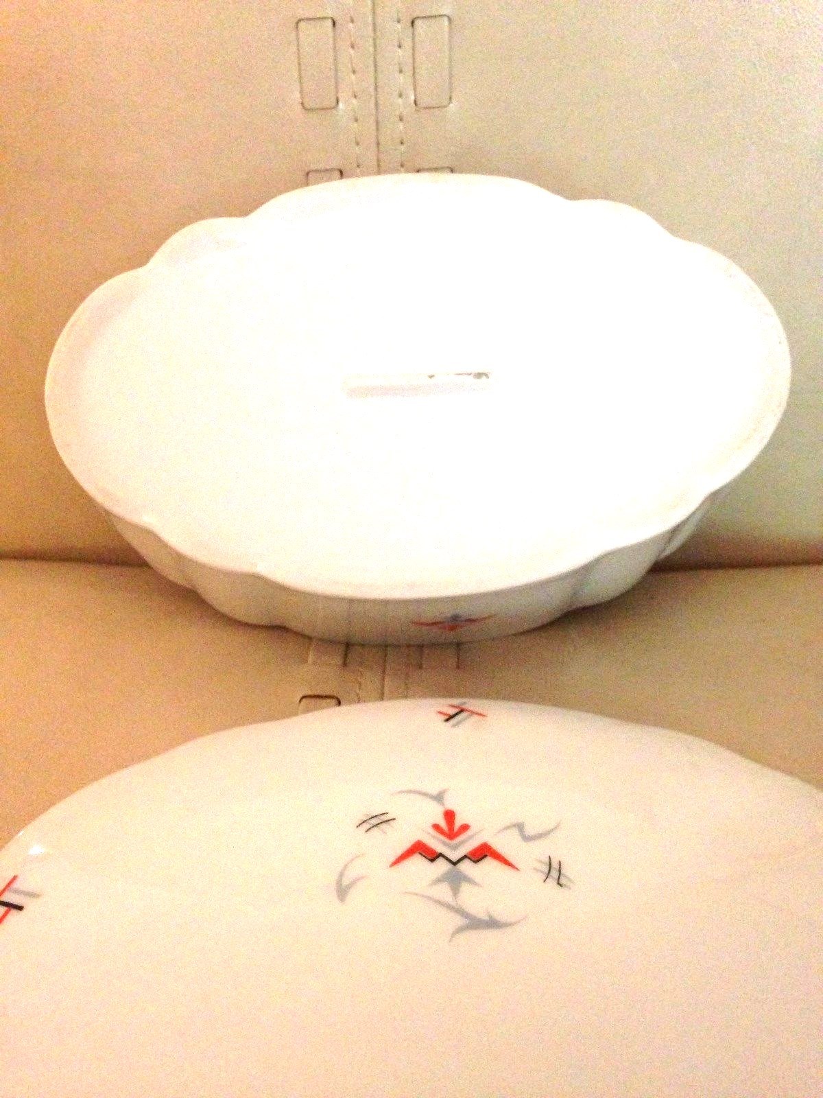 VANITY DISH WITH LID WHITE CHINA WITH ORANGE, GRAY & BLACK DESIGN SIZE 7.25X4.5