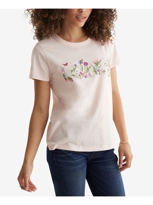 

LUCKY BRAND Женская розовая футболка с круглым вырезом и короткими рукавами с вышитым логотипом, Розовый