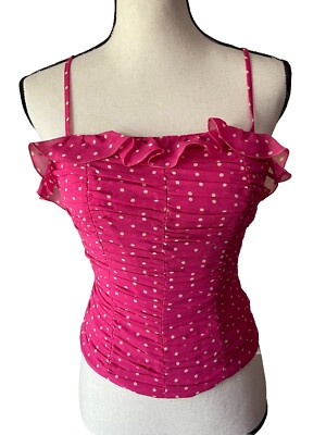 LUISA SPAGNOLI Italy 100% Silk  Ruffle Ruched Corset  Fairy Polka Dot Top 40/2