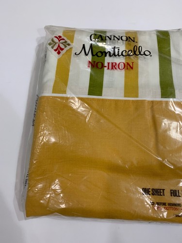 Vtg Cannon Monticello Full Army Yellow Green White Stripe Flat Sheet 81” 104”