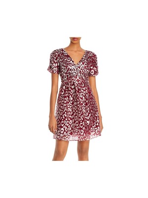 Короткое вечернее платье AQUA Womens Metallic с коротким рукавом и V-образным вырезом + расклешенное платье-клеш