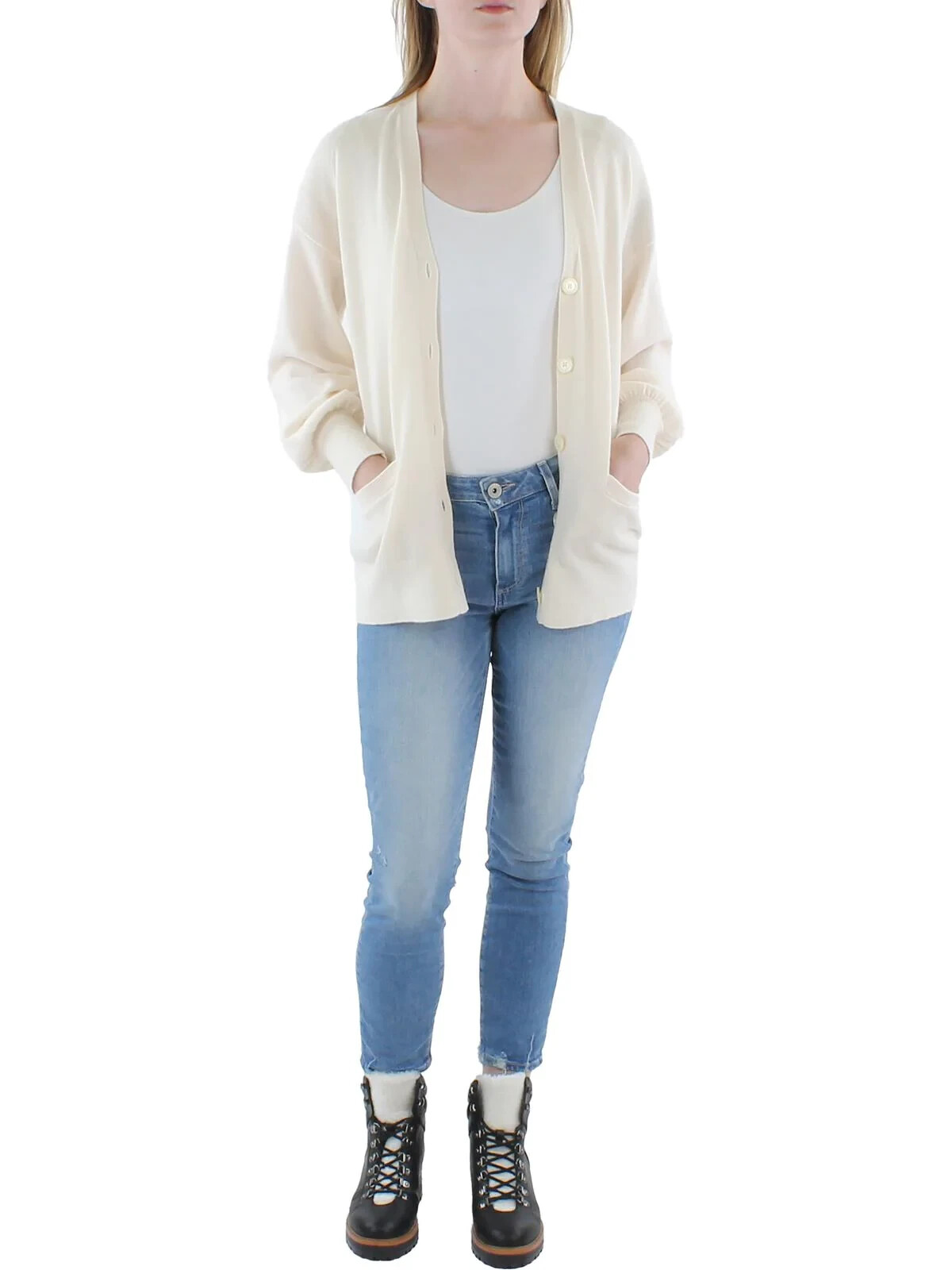 LAUREN RALPH LAUREN Cashmere V-Neck Cardigan Sweater Women's S Winter Cream L/S~ - Picture 1 of 12