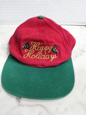 VINTAGE HAT CAP MEN'S SNAPBACK HAPPY HOLIDAYS CHRISTMAS RED & GREEN FESTIVE