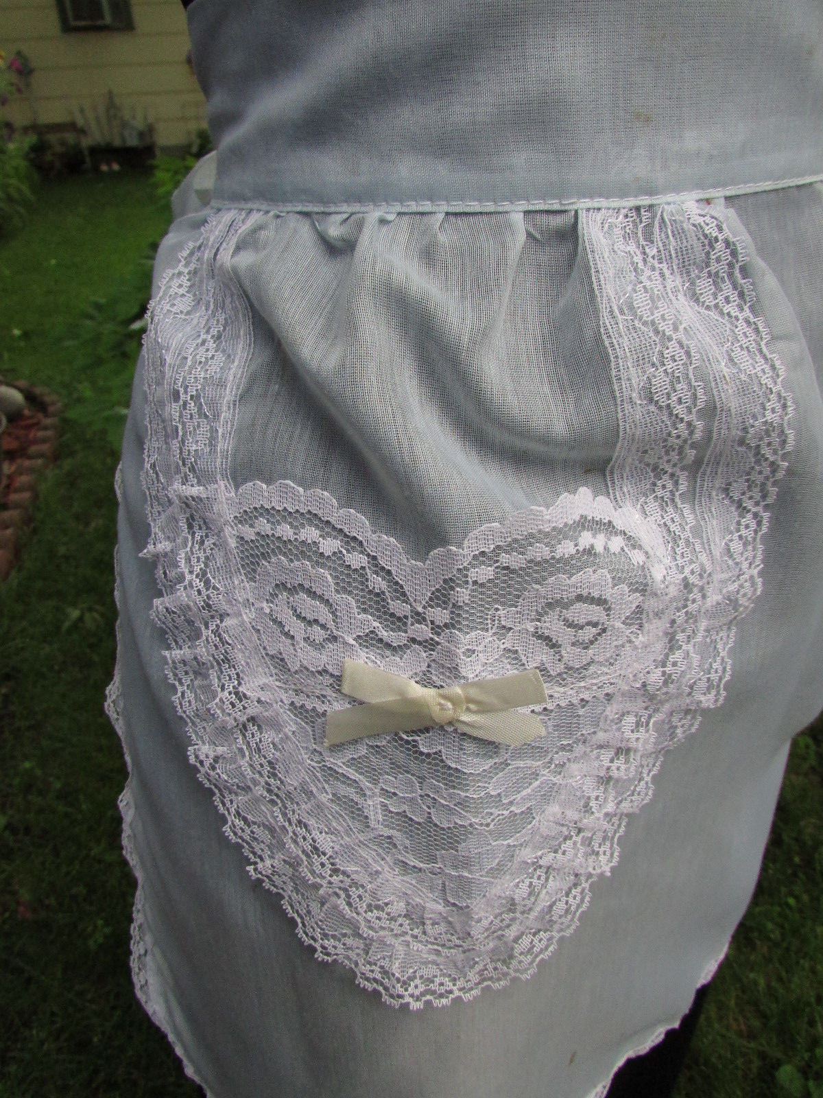 Vintage Blue Dacron Wedding Server Half Apron with Lace